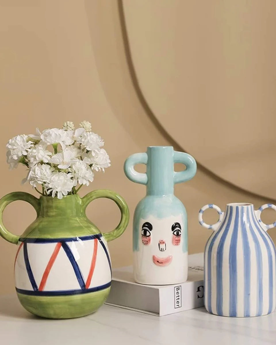 Hand-Painted Whimsical Quirky Cute Dual-Handle Vases
