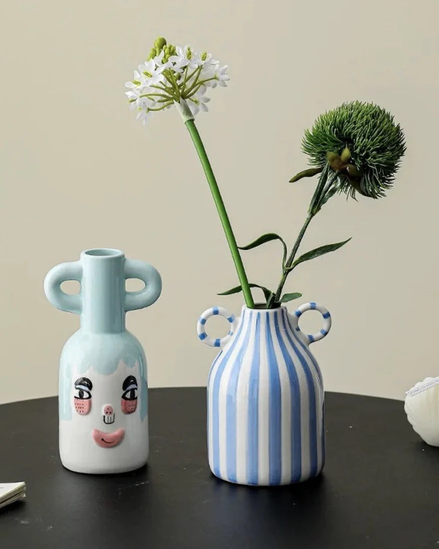 Hand-Painted Whimsical Quirky Cute Dual-Handle Vases