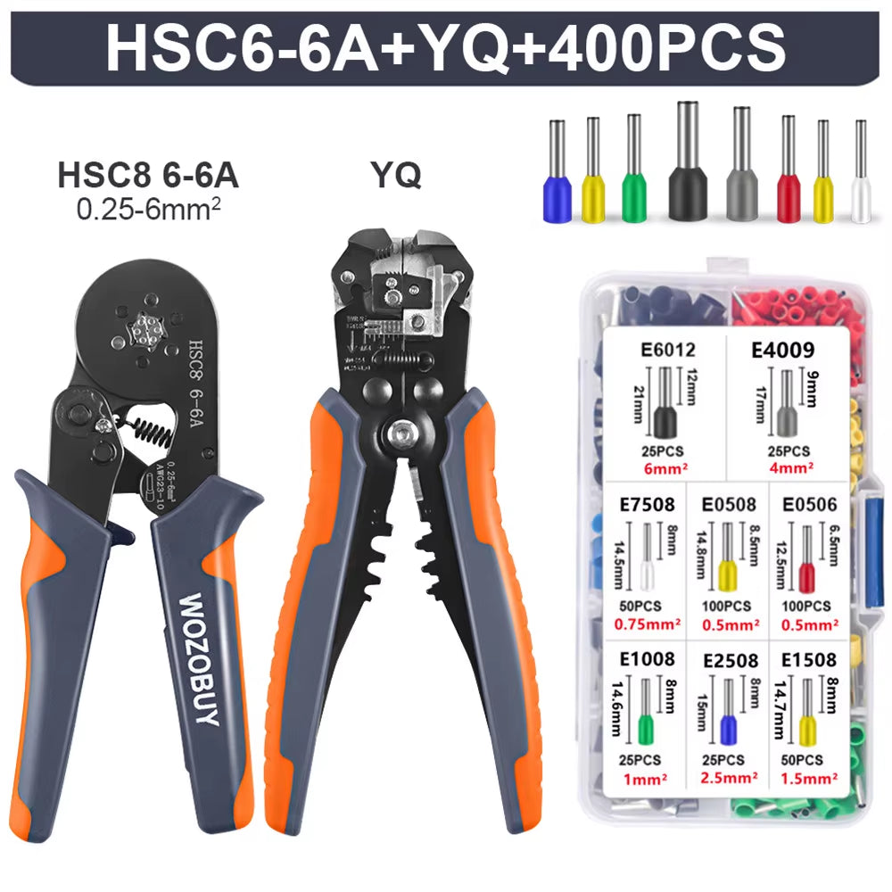 Ferrule Crimping Tool Kit, HSC8 6-6A AWG 23-10 Self-Adjusting Crimping Pliers+Stripper | Hexagonal Crimper for Ferrule Terminal