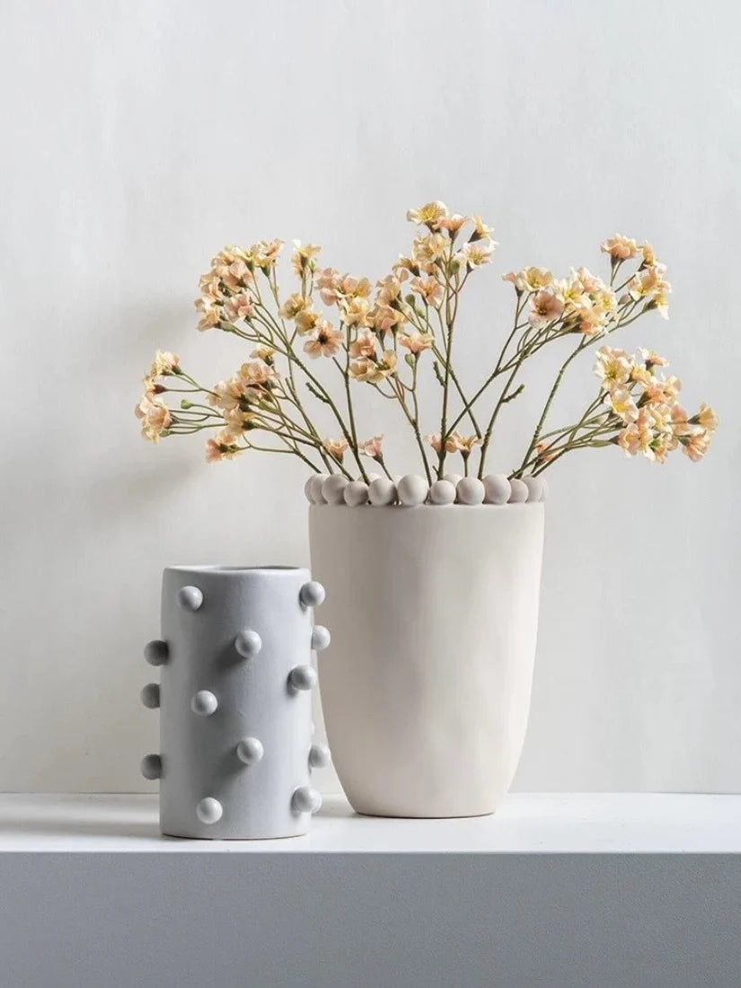 Handmade Morandi-Color Pomponette Vase, Dotted Cylinder Centrepiece