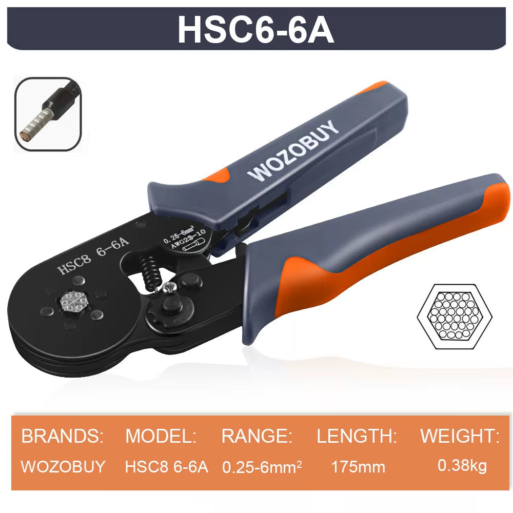 Ferrule Crimping Tool Kit, HSC8 6-6A AWG 23-10 Self-Adjusting Crimping Pliers+Stripper | Hexagonal Crimper for Ferrule Terminal