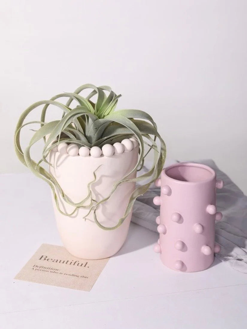 Handmade Morandi-Color Pomponette Vase, Dotted Cylinder Centrepiece
