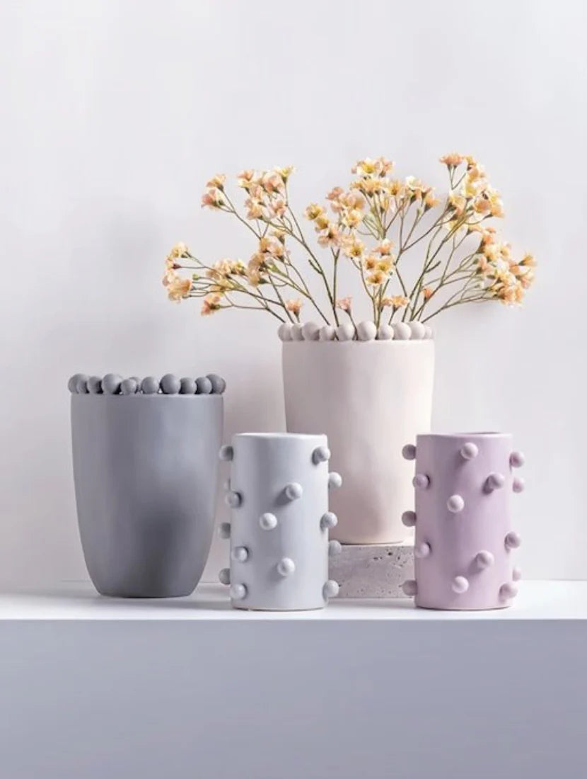 Handmade Morandi-Color Pomponette Vase, Dotted Cylinder Centrepiece