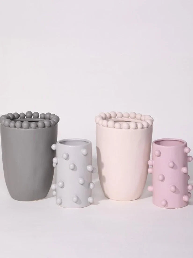 Handmade Morandi-Color Pomponette Vase, Dotted Cylinder Centrepiece