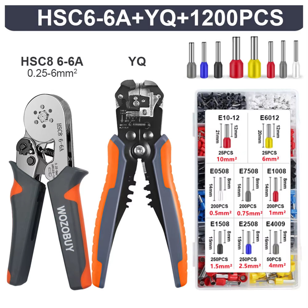 Ferrule Crimping Tool Kit, HSC8 6-6A AWG 23-10 Self-Adjusting Crimping Pliers+Stripper | Hexagonal Crimper for Ferrule Terminal