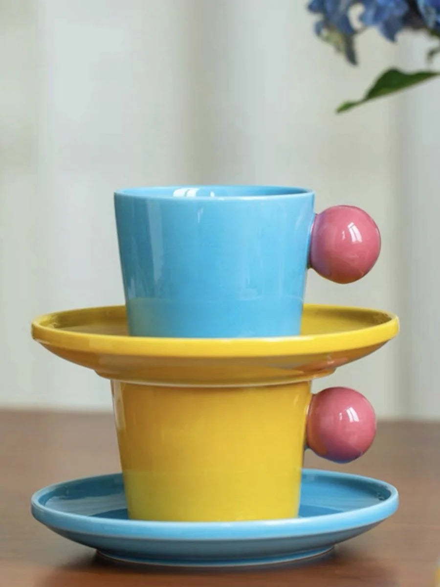 Handmade Skittles Coffee Mug with Saucer - Cute Dopamine Espresso Cup