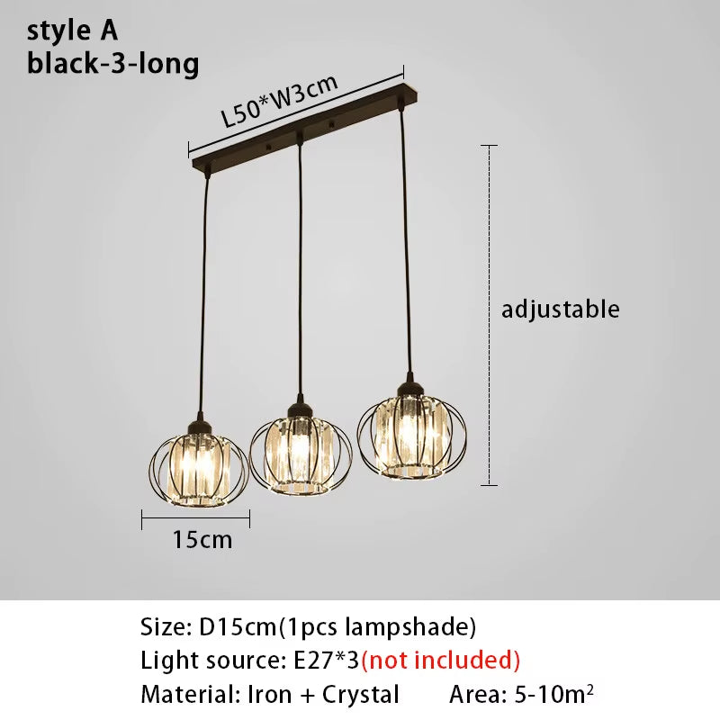 Crystal LED Pendant Lights for Dining Room Living Room Nordic Black Iron Shade 1/3 Lights Kitchen Decor Hanging Ceiling Lamp