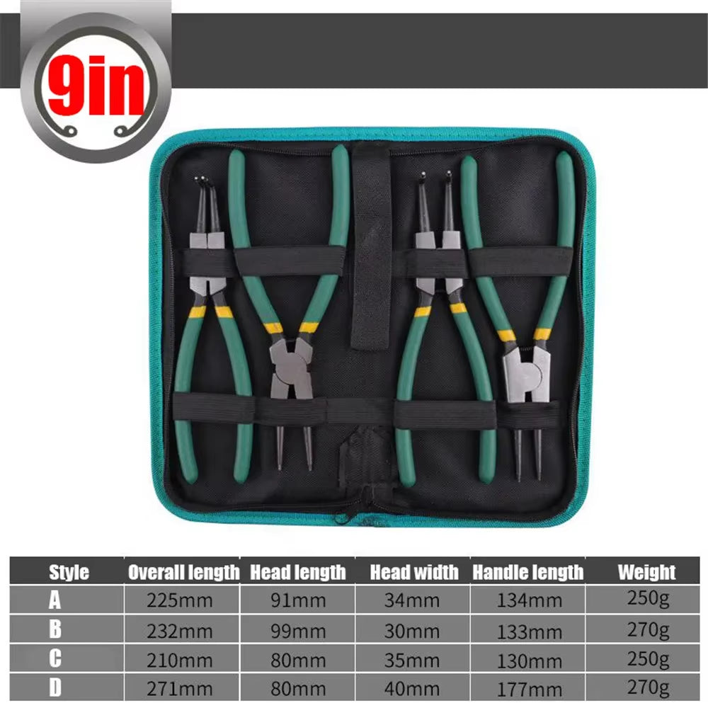 4Pcs Circlip Pliers Set with Storage Bag 7'' Long Nose Plier Staight Bent Plier Inner Outer Retaining Snap Ring Remover Tool