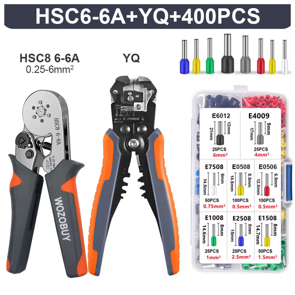 Ferrule Crimping Tool Kit, HSC8 6-6A AWG 23-10 Self-Adjusting Crimping Pliers+Stripper | Hexagonal Crimper for Ferrule Terminal