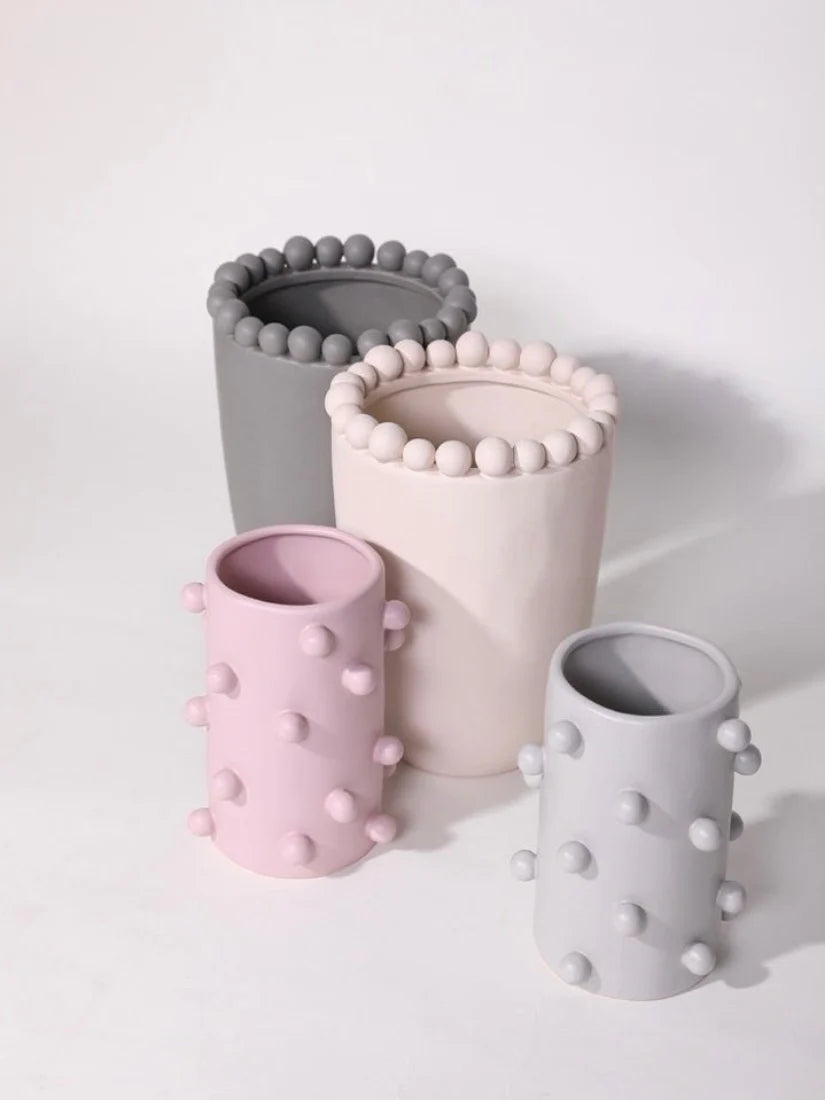 Handmade Morandi-Color Pomponette Vase, Dotted Cylinder Centrepiece