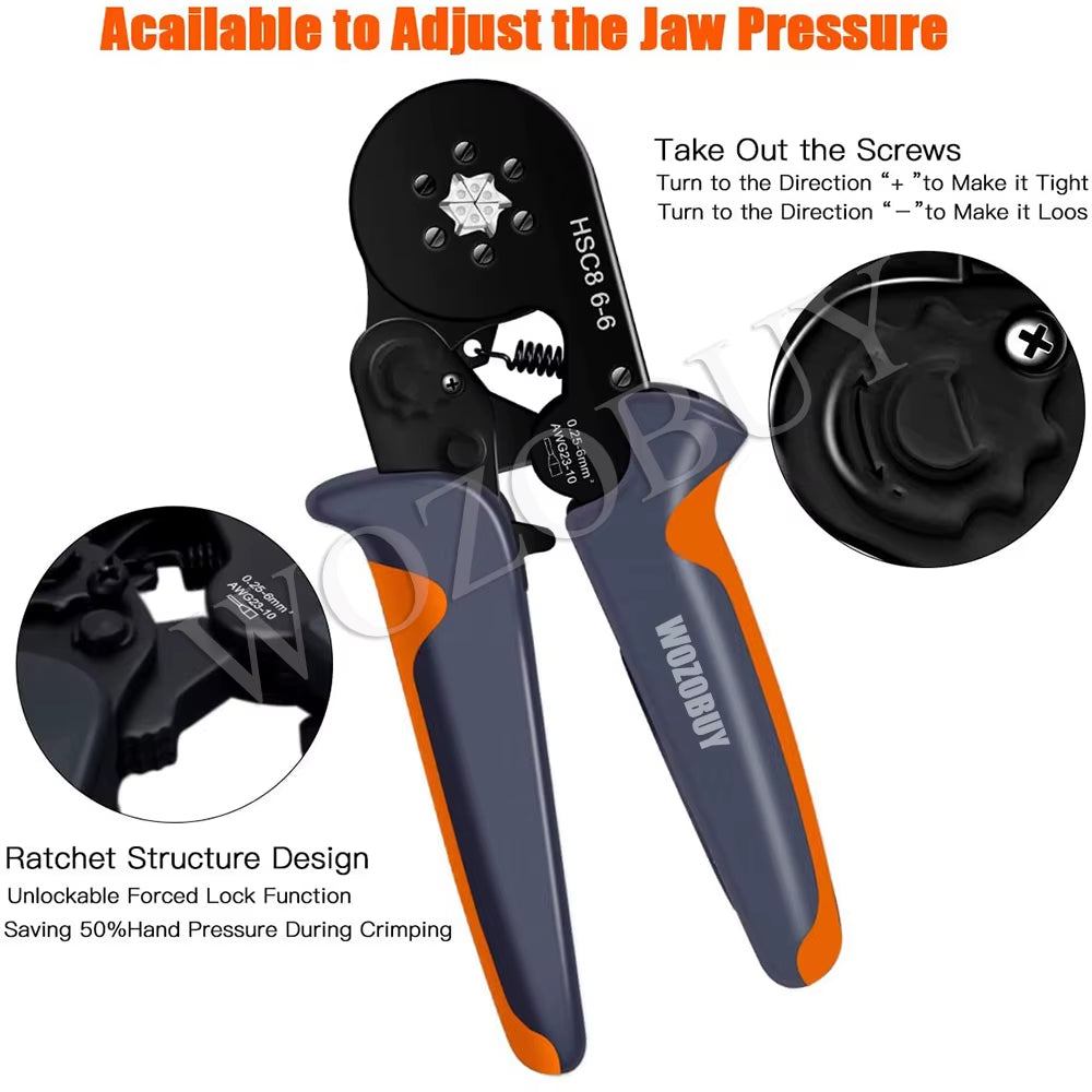 Ferrule Crimping Tool Kit, HSC8 6-6A AWG 23-10 Self-Adjusting Crimping Pliers+Stripper | Hexagonal Crimper for Ferrule Terminal