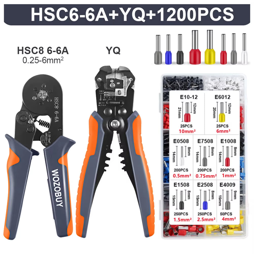 Ferrule Crimping Tool Kit, HSC8 6-6A AWG 23-10 Self-Adjusting Crimping Pliers+Stripper | Hexagonal Crimper for Ferrule Terminal
