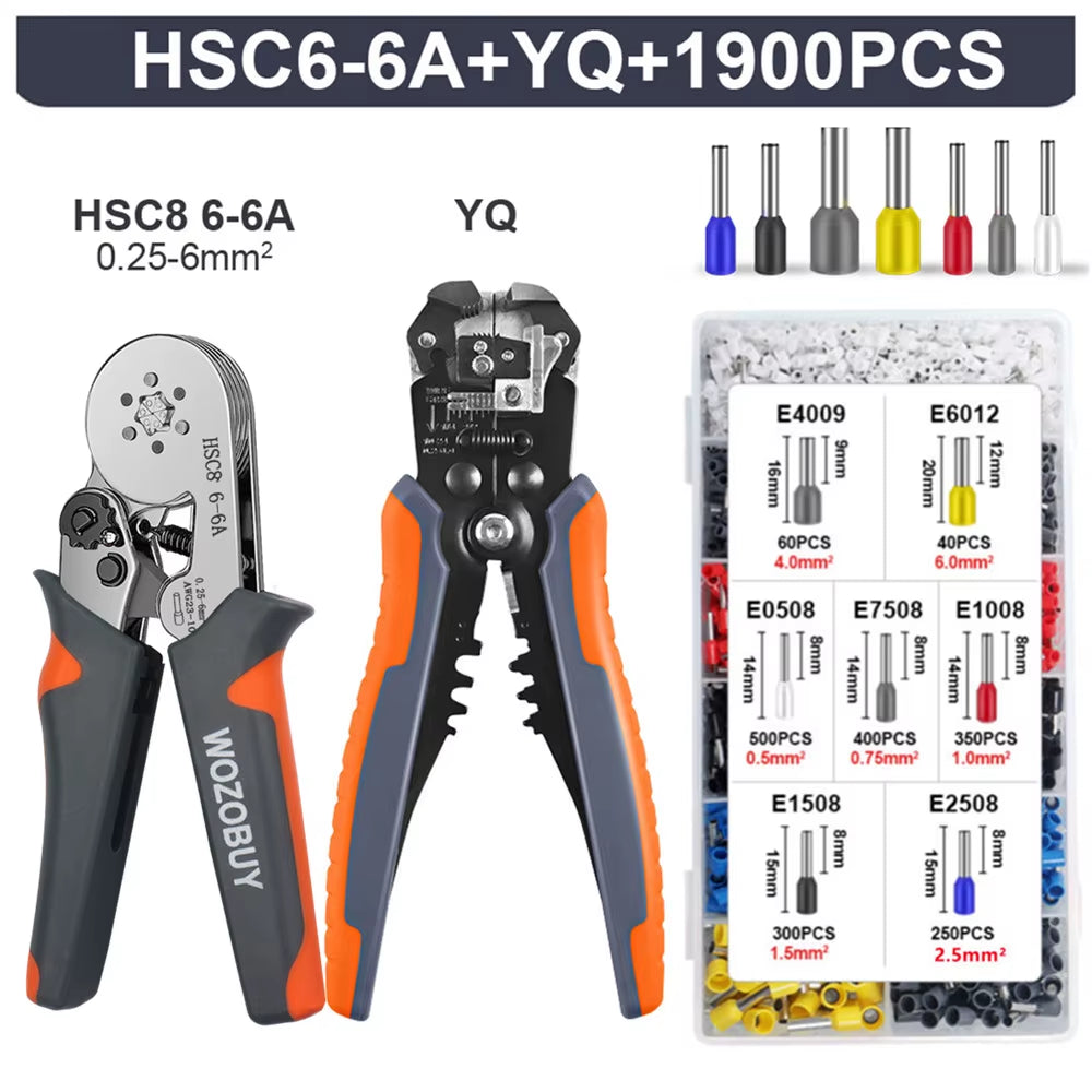 Ferrule Crimping Tool Kit, HSC8 6-6A AWG 23-10 Self-Adjusting Crimping Pliers+Stripper | Hexagonal Crimper for Ferrule Terminal