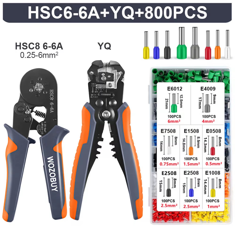 Ferrule Crimping Tool Kit, HSC8 6-6A AWG 23-10 Self-Adjusting Crimping Pliers+Stripper | Hexagonal Crimper for Ferrule Terminal