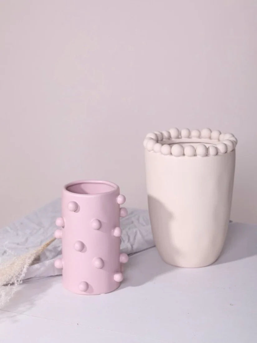 Handmade Morandi-Color Pomponette Vase, Dotted Cylinder Centrepiece