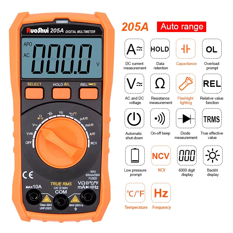 Newest Multimeter NCV 6000 Count True RMS ℃/F Auto Range Tester AC/DC Voltage Meter Flash Back Light Large LCD Screen Multimetro