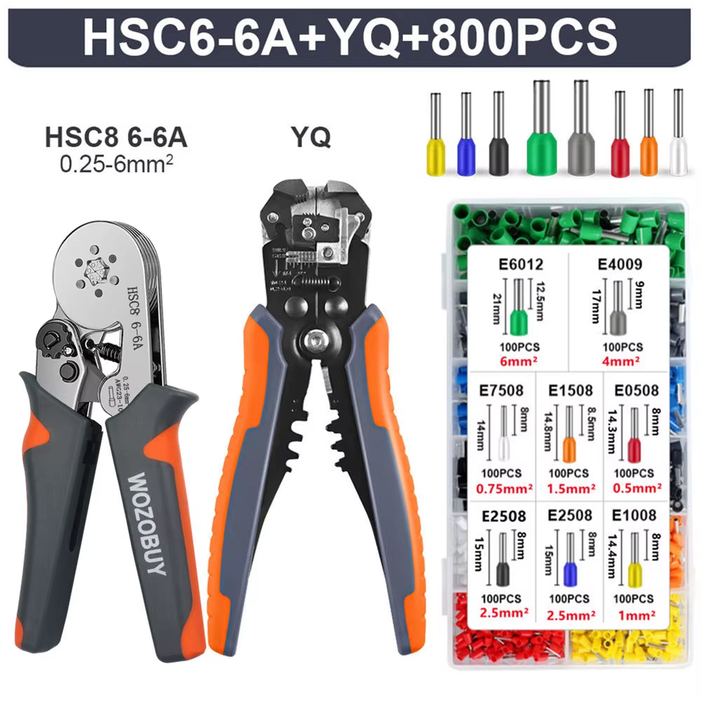 Ferrule Crimping Tool Kit, HSC8 6-6A AWG 23-10 Self-Adjusting Crimping Pliers+Stripper | Hexagonal Crimper for Ferrule Terminal