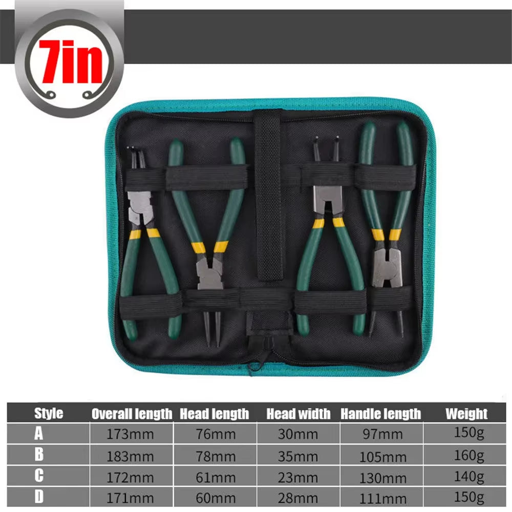 4Pcs Circlip Pliers Set with Storage Bag 7'' Long Nose Plier Staight Bent Plier Inner Outer Retaining Snap Ring Remover Tool