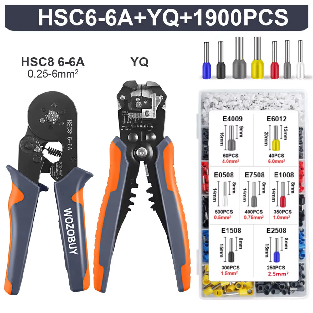 Ferrule Crimping Tool Kit, HSC8 6-6A AWG 23-10 Self-Adjusting Crimping Pliers+Stripper | Hexagonal Crimper for Ferrule Terminal