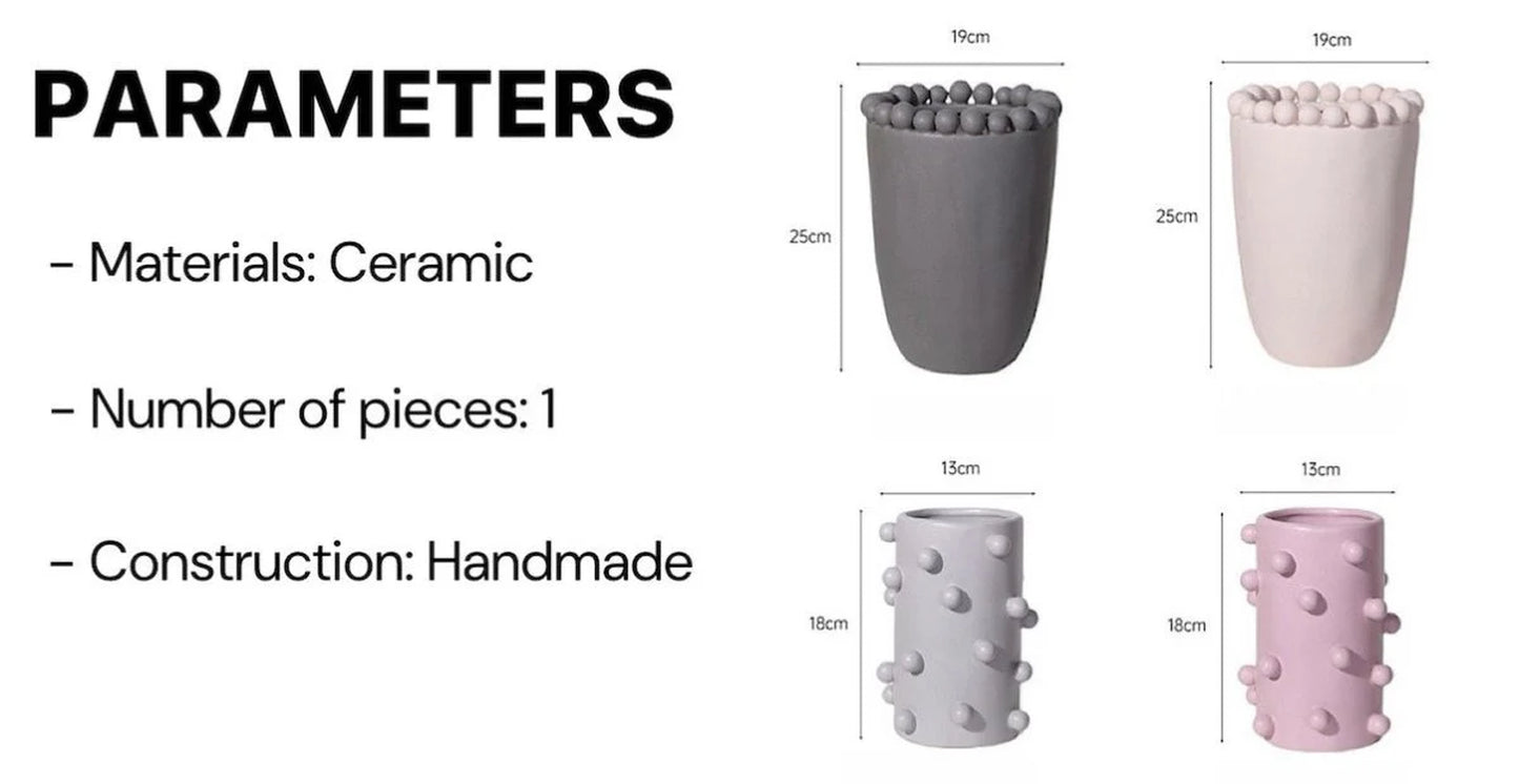 Handmade Morandi-Color Pomponette Vase, Dotted Cylinder Centrepiece