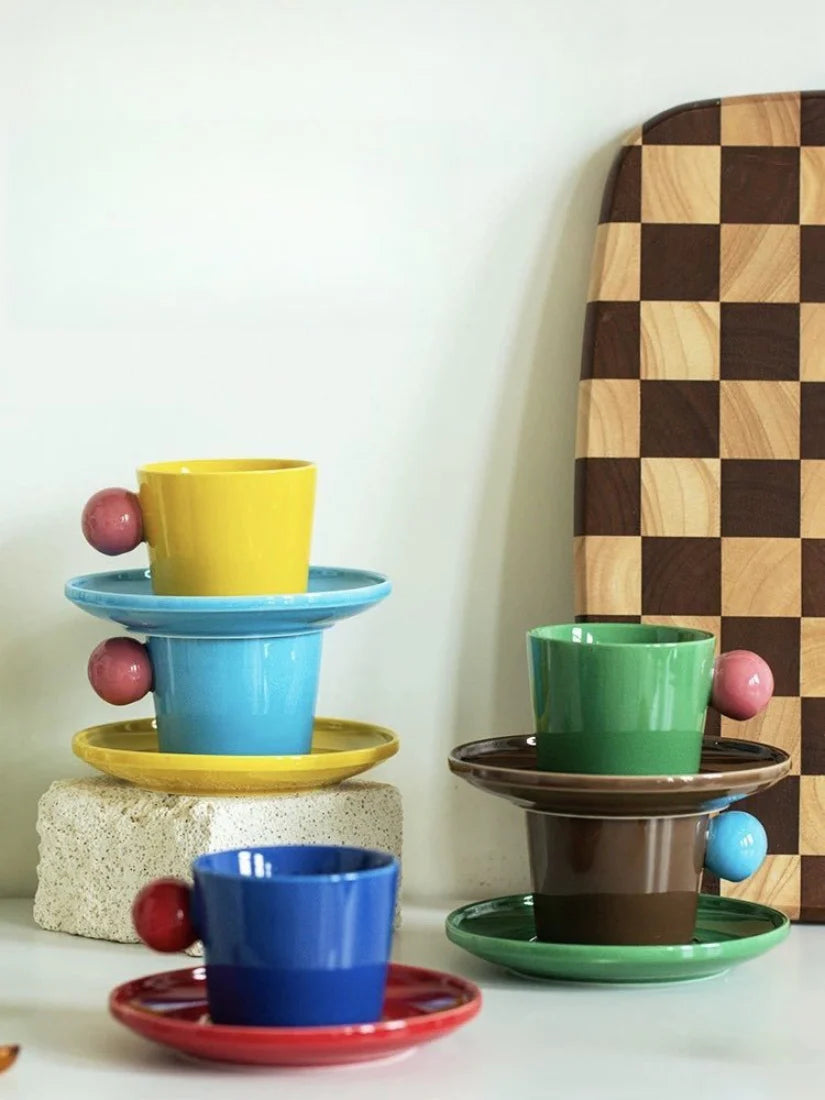 Handmade Skittles Coffee Mug with Saucer - Cute Dopamine Espresso Cup