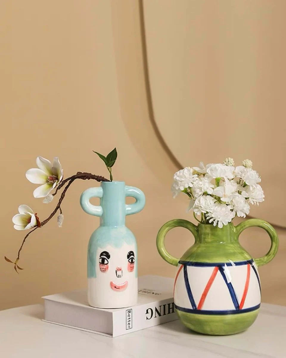 Hand-Painted Whimsical Quirky Cute Dual-Handle Vases