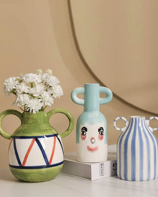 Hand-Painted Whimsical Quirky Cute Dual-Handle Vases