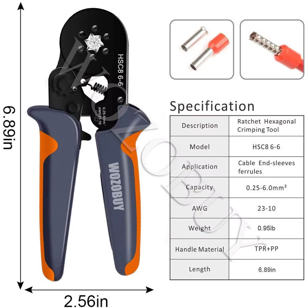 Ferrule Crimping Tool Kit, HSC8 6-6A AWG 23-10 Self-Adjusting Crimping Pliers+Stripper | Hexagonal Crimper for Ferrule Terminal