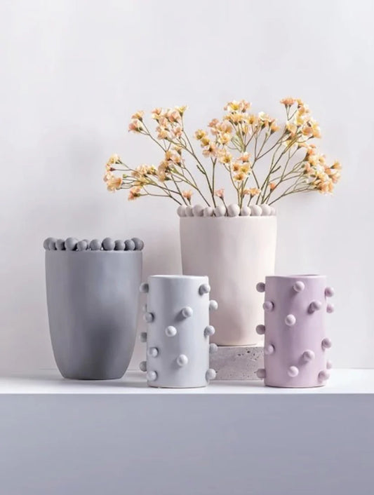 Handmade Morandi-Color Pomponette Vase, Dotted Cylinder Centrepiece