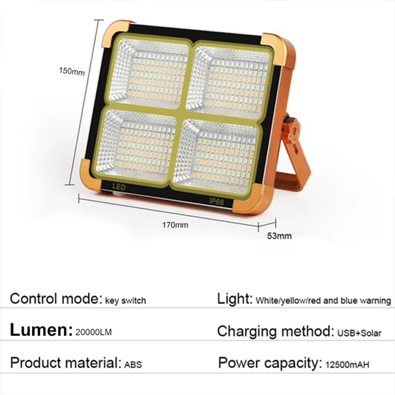Solar Lights Outdoor Rechargeable Solar Flood Light LED Reflector Spotlight Rechargeable Projector Floodlight Construction Lamp