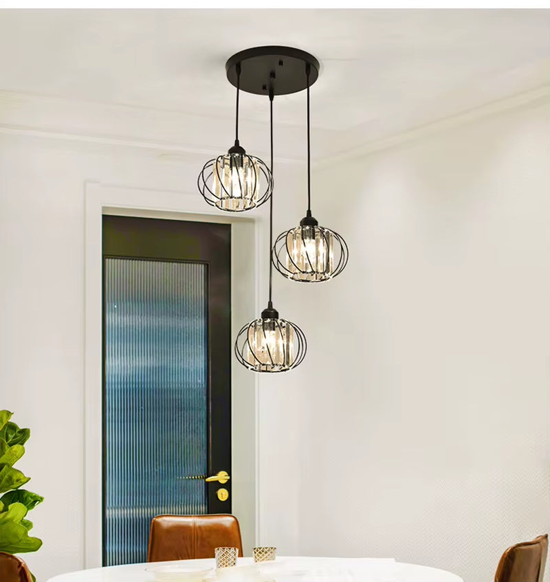 Crystal LED Pendant Lights for Dining Room Living Room Nordic Black Iron Shade 1/3 Lights Kitchen Decor Hanging Ceiling Lamp