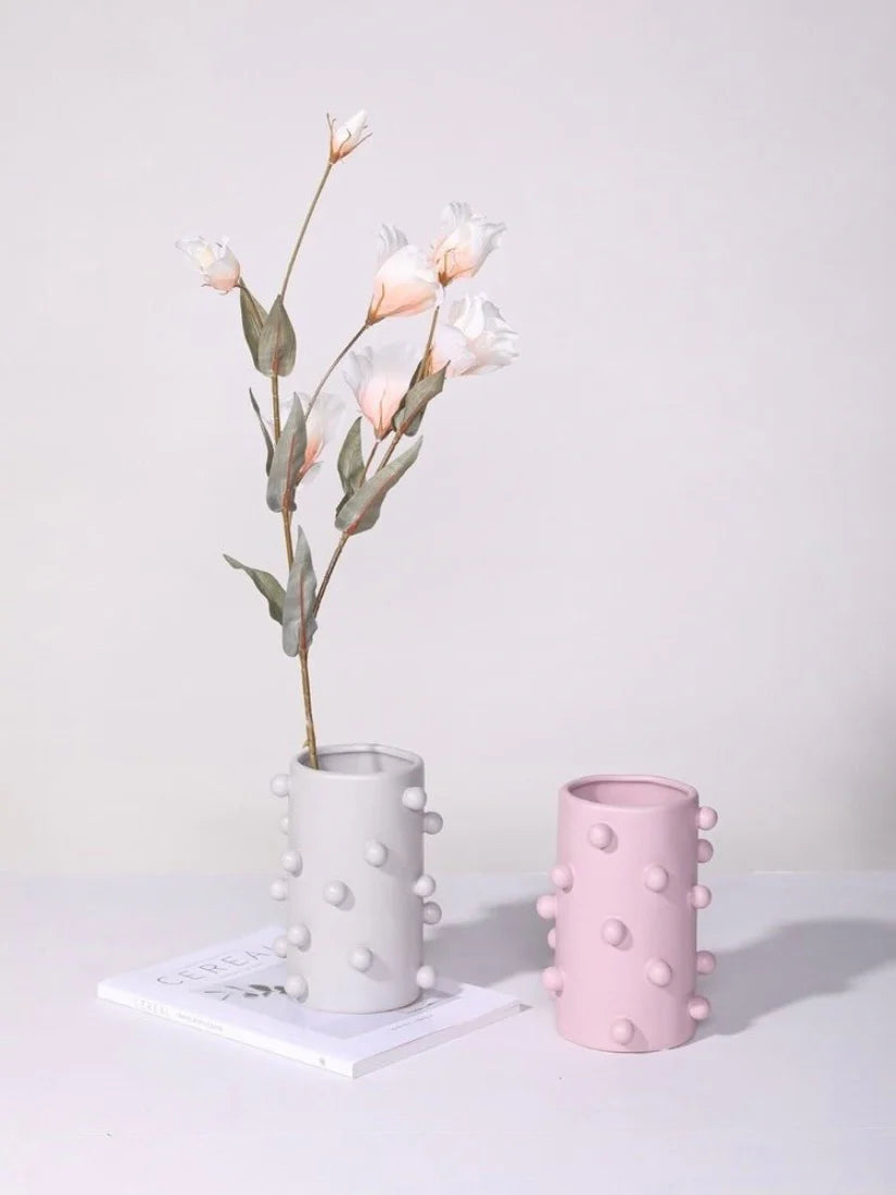 Handmade Morandi-Color Pomponette Vase, Dotted Cylinder Centrepiece