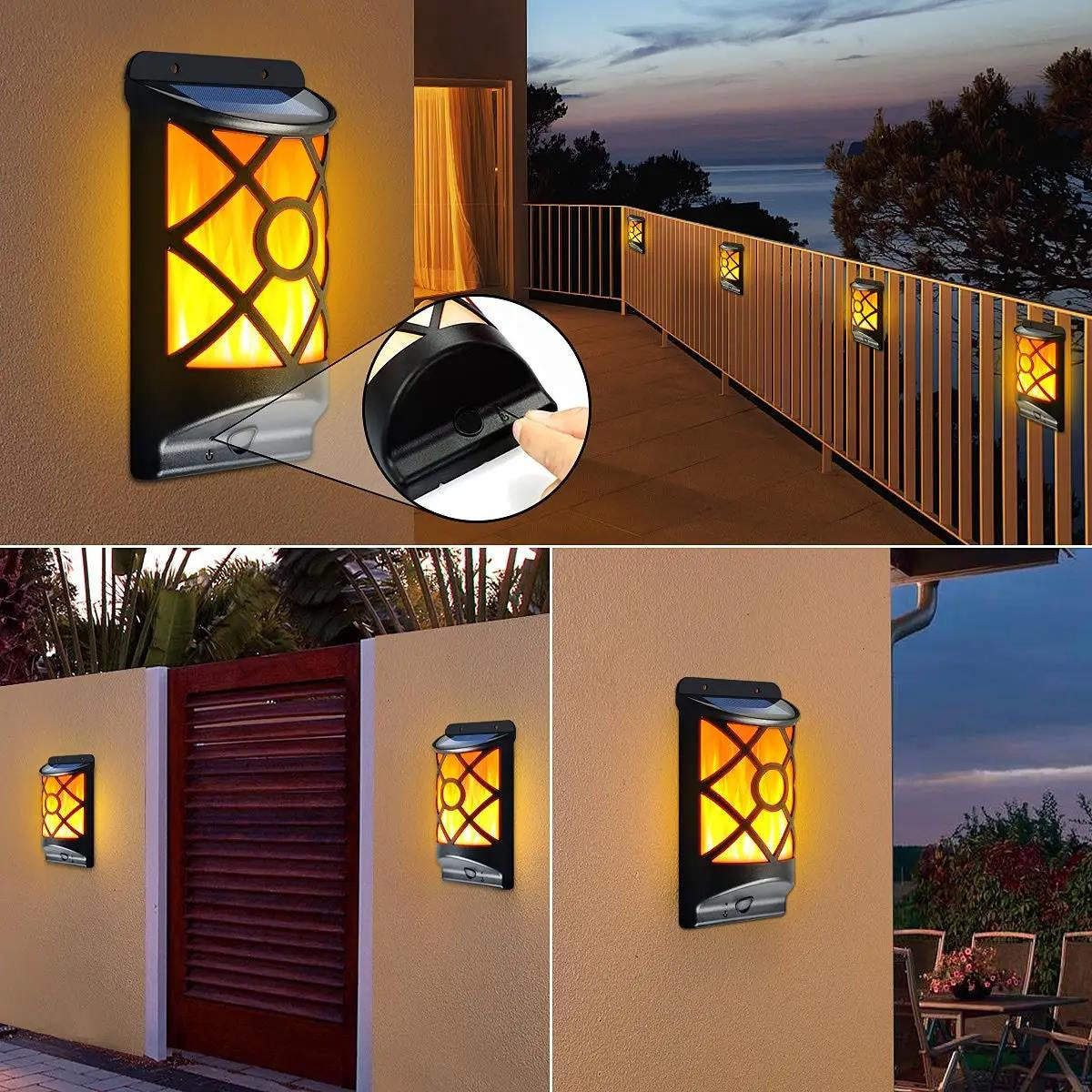 Outdoor Solar Wall Light LED Flickering Flame Dusk to Dawn Garden Patio Deck
