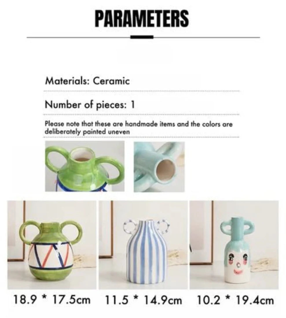 Hand-Painted Whimsical Quirky Cute Dual-Handle Vases