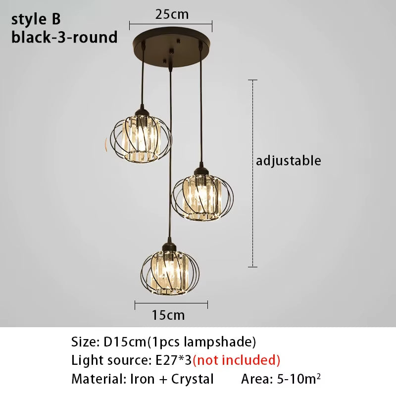 Crystal LED Pendant Lights for Dining Room Living Room Nordic Black Iron Shade 1/3 Lights Kitchen Decor Hanging Ceiling Lamp