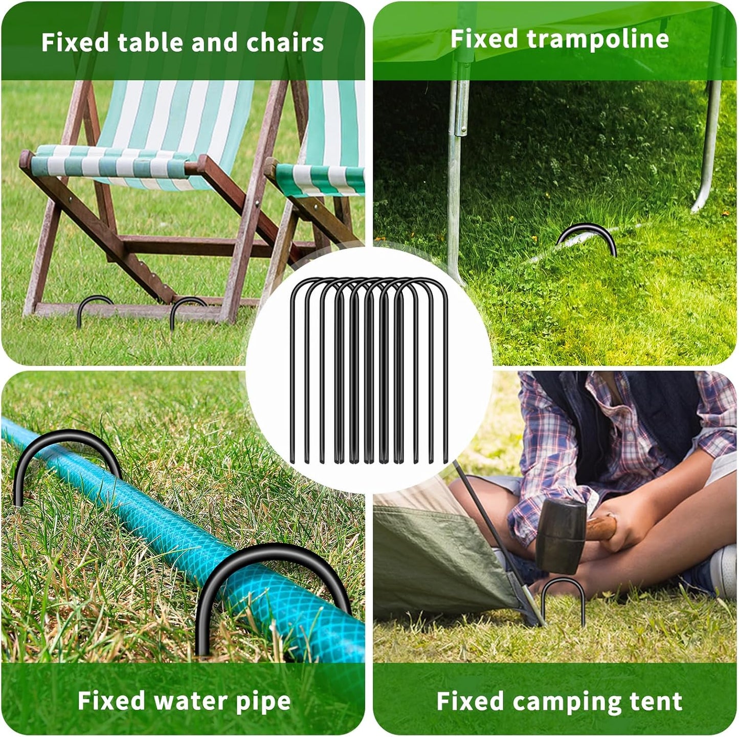 Trampoline Stakes U Shaped Anchors Heavy Duty Metal - Long Trampolines Ground Wind Stakes for Soccer Goals, Camping Tents, Garden Decoration (Black-8Pcs)
