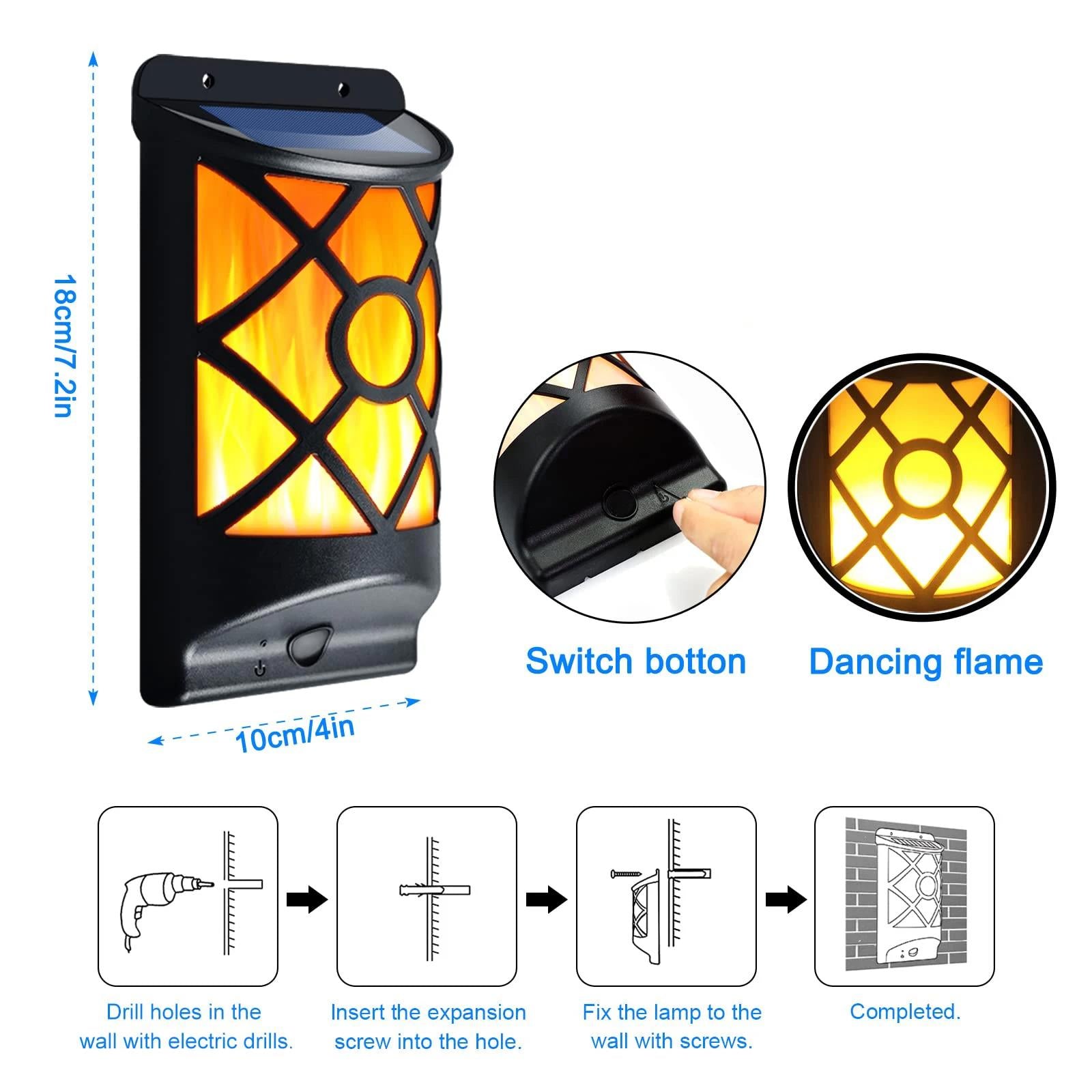 Outdoor Solar Wall Light LED Flickering Flame Dusk to Dawn Garden Patio Deck
