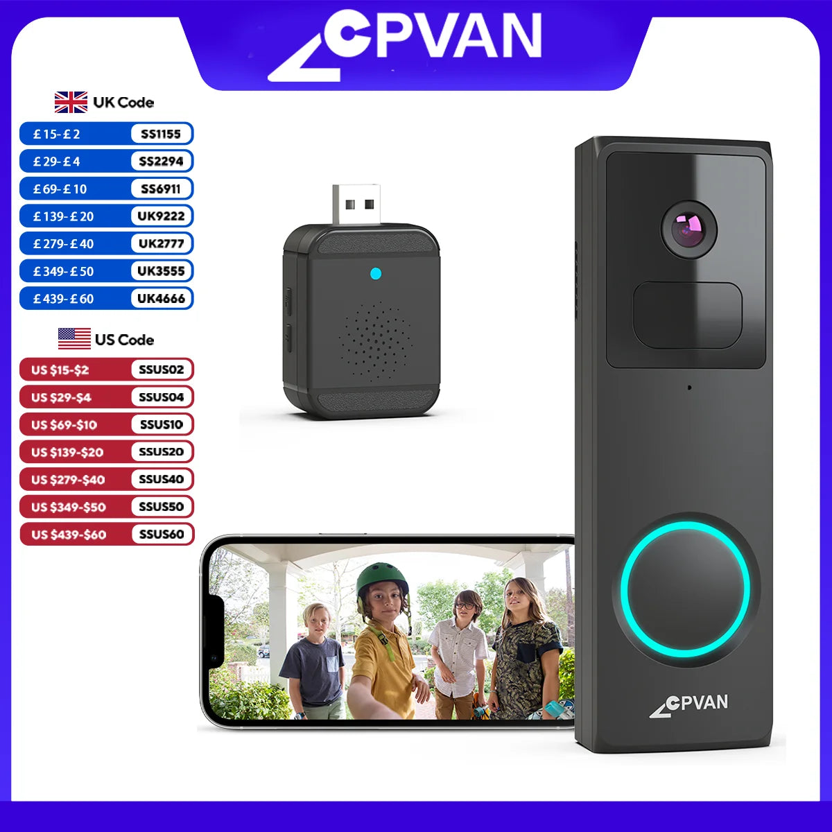 CPVAN Wireless 2.4G Wifi Video Doorbell 1080P HD Camera Door Bell with AI Smart Waterproof Night Vision Security Camera Doorbell