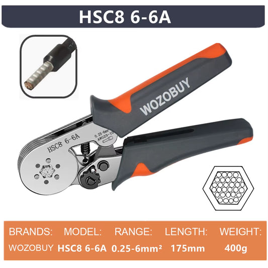 Ferrule Crimping Tool Kit, HSC8 6-6A AWG 23-10 Self-Adjusting Crimping Pliers+Stripper | Hexagonal Crimper for Ferrule Terminal