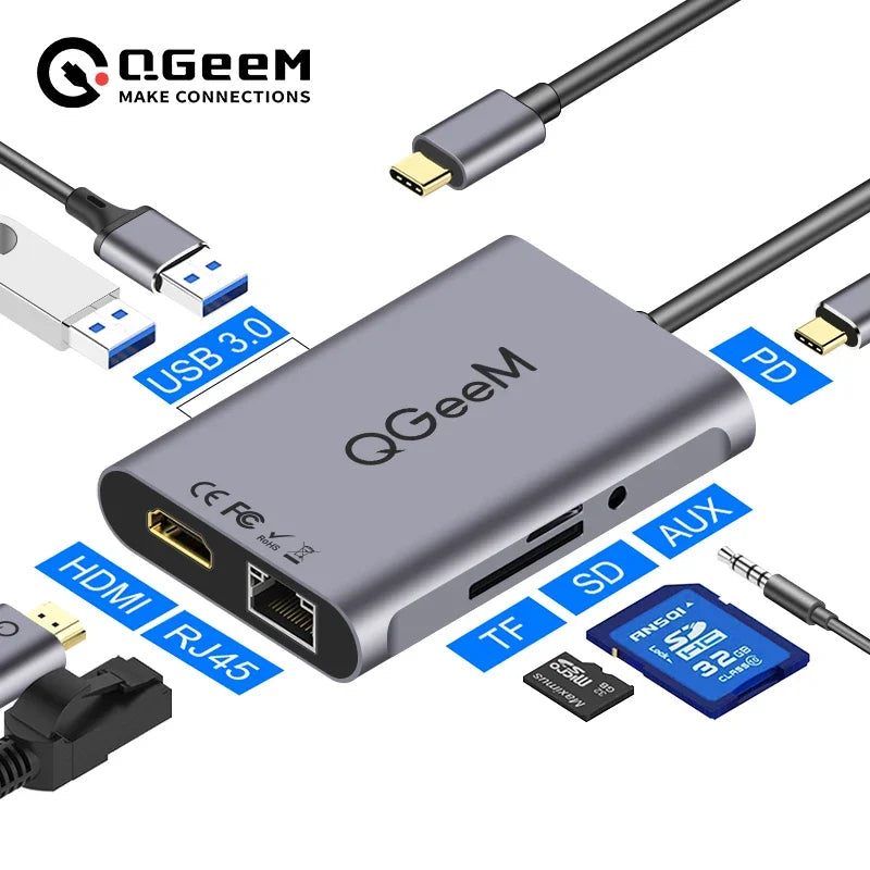 8 in 1 USB C Hub for Macbook Pro USB Hub 3.0 Adapter PD HDMI RJ45 TF SD 3.5Mm Aux Type C Hub for Ipad Pro Splitter Dock