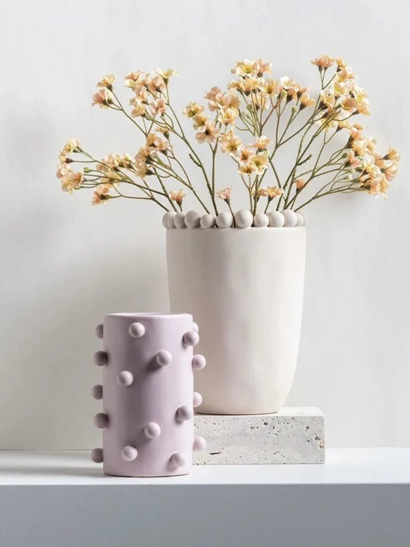 Handmade Morandi-Color Pomponette Vase, Dotted Cylinder Centrepiece