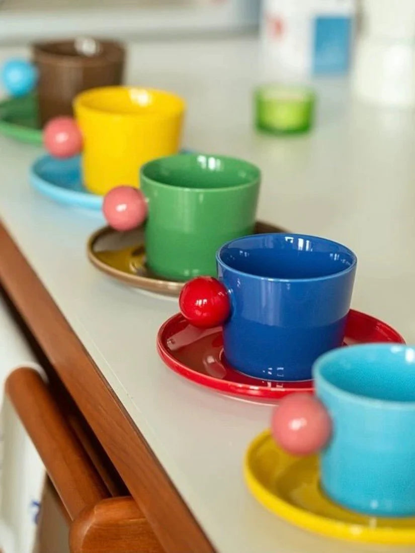Handmade Skittles Coffee Mug with Saucer - Cute Dopamine Espresso Cup