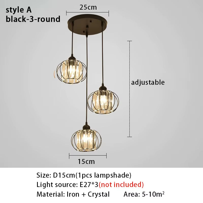 Crystal LED Pendant Lights for Dining Room Living Room Nordic Black Iron Shade 1/3 Lights Kitchen Decor Hanging Ceiling Lamp
