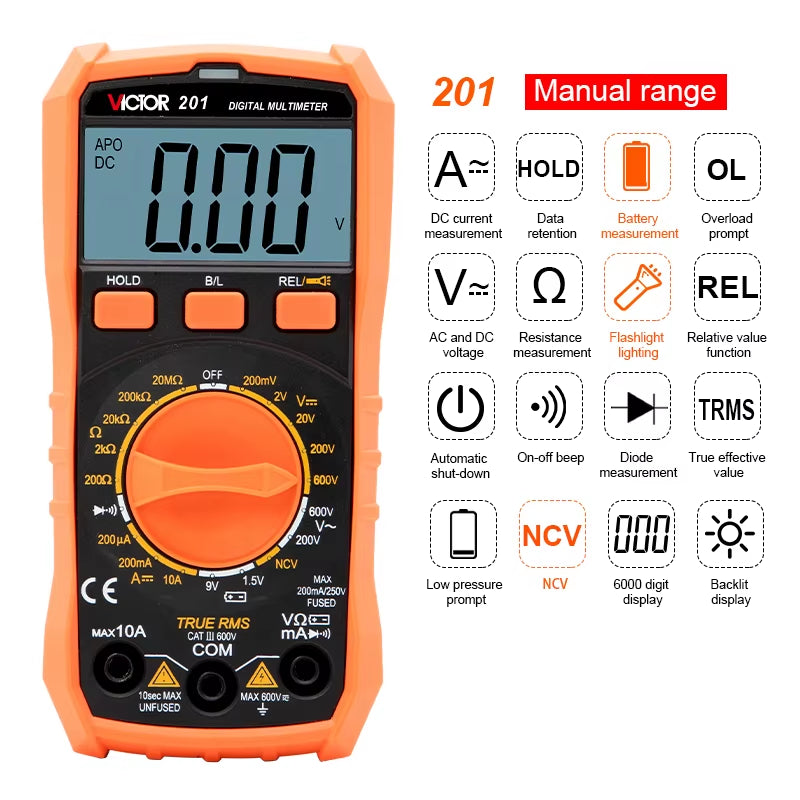 Newest Multimeter NCV 6000 Count True RMS ℃/F Auto Range Tester AC/DC Voltage Meter Flash Back Light Large LCD Screen Multimetro
