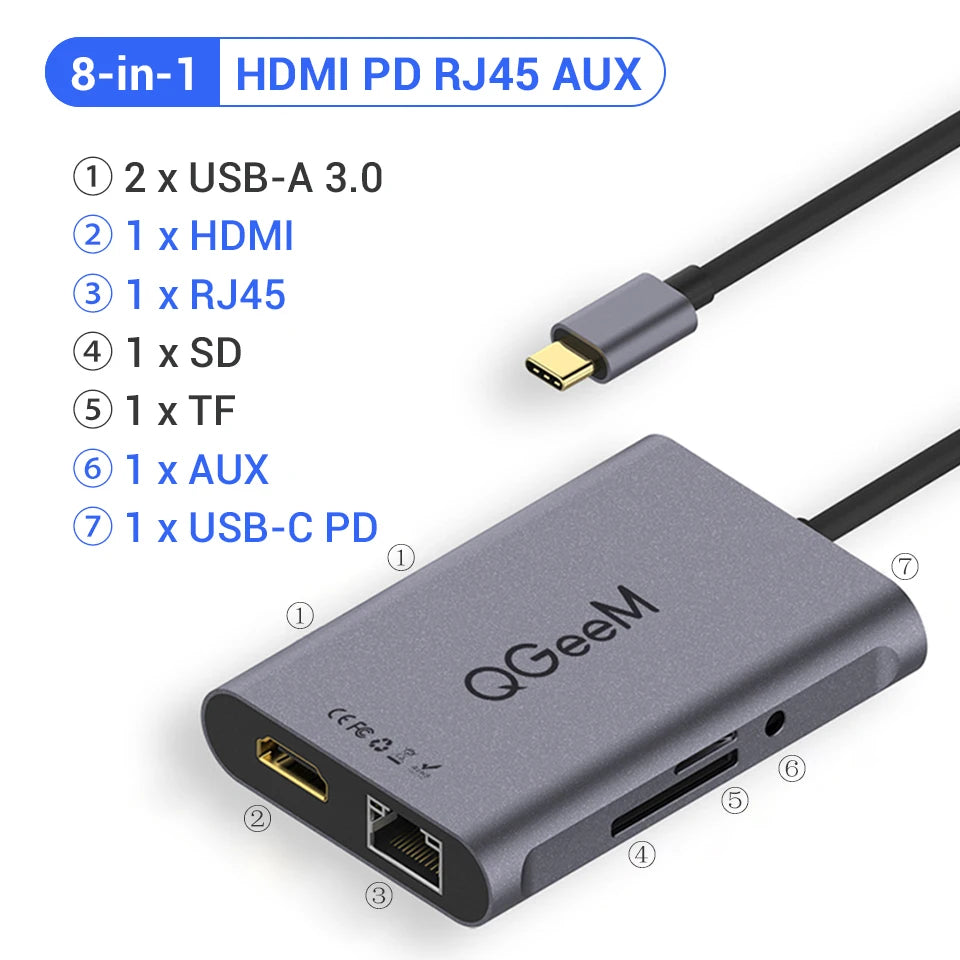 8 in 1 USB C Hub for Macbook Pro USB Hub 3.0 Adapter PD HDMI RJ45 TF SD 3.5Mm Aux Type C Hub for Ipad Pro Splitter Dock
