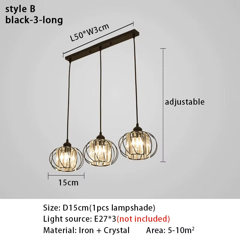 Crystal LED Pendant Lights for Dining Room Living Room Nordic Black Iron Shade 1/3 Lights Kitchen Decor Hanging Ceiling Lamp